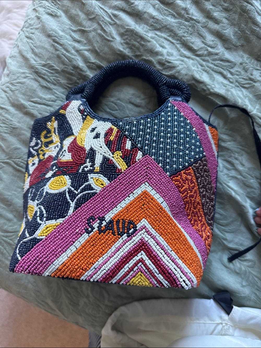 STAUD Multicolor Beaded Patchwork Tote with Pink, Orange, Black & Cream Accents